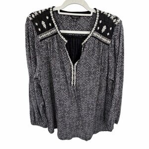 Lucky Brand Boho Embroidered black cream blouse size 2x